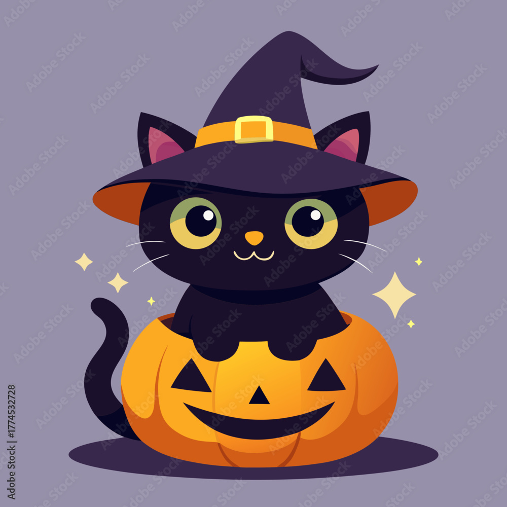 Obraz premium Cute black cat wearing witch hat sitting in a jack o lantern silhouette isolated on white background