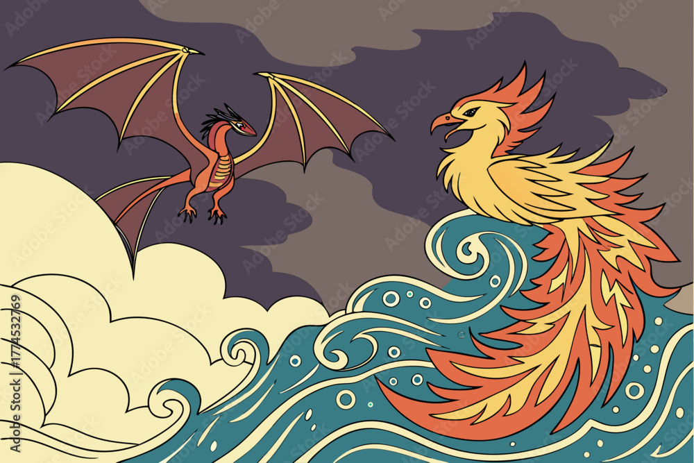 Fototapeta premium Mythical phoenix and dragon confrontation in a stylized landscape silhouette isolated on white background