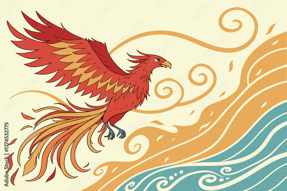 Fototapeta premium Majestic red and orange phoenix bird flying silhouette isolated on white background