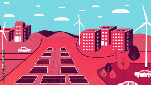 Modern cityscape with renewable energy sources and vehicles silhouette isolated on white background