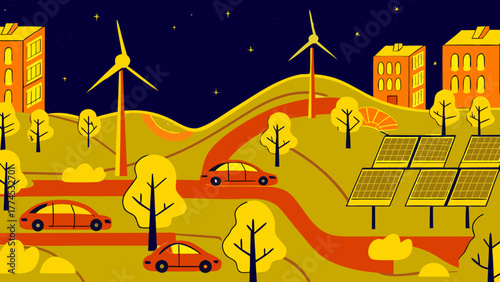 Eco friendly city landscape with wind turbines solar panels electric cars and buildings silhouette isolated on white background