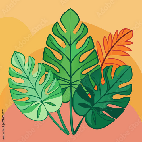 Tropical monstera leaves and palm frond silhouette isolated on white background