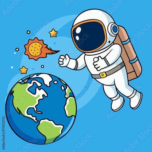 Cute astronaut exploring earth and stars in space silhouette isolated on white background