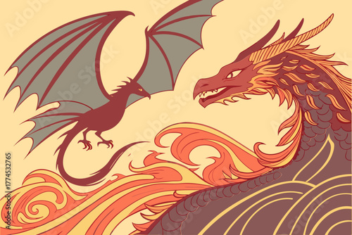 Two dragons facing off with fiery waves silhouette isolated on white background