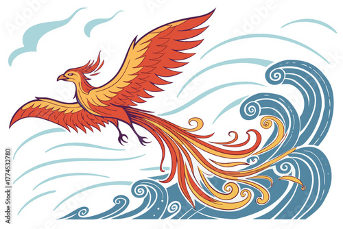 Majestic fiery bird silhouette flying over stylized blue waves isolated on white background
