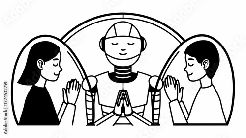Robot and humans praying together in a stylized silhouette isolated on white background