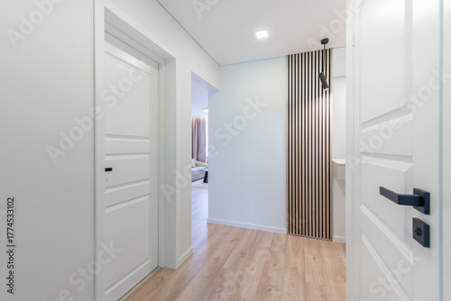 Home Entrance Hall, Hallway Interior. Wooden Outdoor Door, Brown Flooring. Minimalism.
