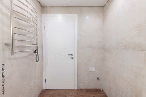 Bright Elegant Modern Bathroom Interior Design of Shower With White Sink. Marble Tiled Walls and Faucet.