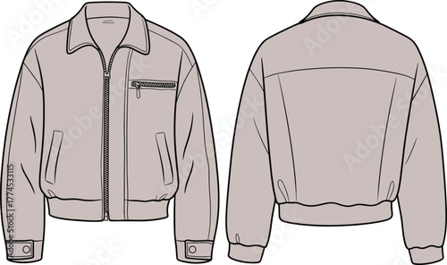 Cad drawing flat vector illustration, front and back technical fashion sketch of men's jacket with zipper, collar, pockets, elastic waistband