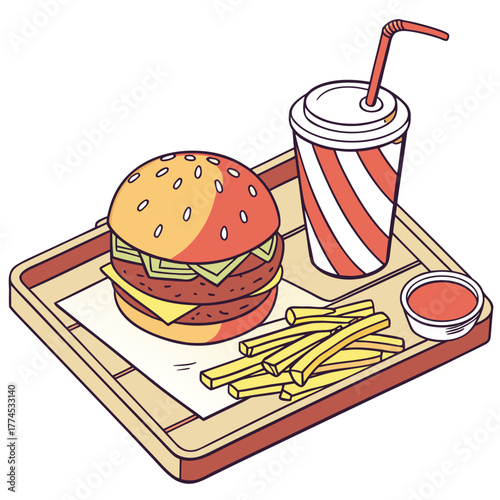 Fast food and drink vector illustration with burgers fries 