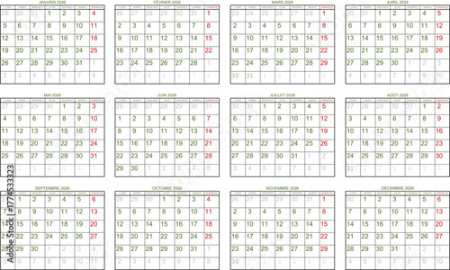 Grilles calendrier pour l'année 2026