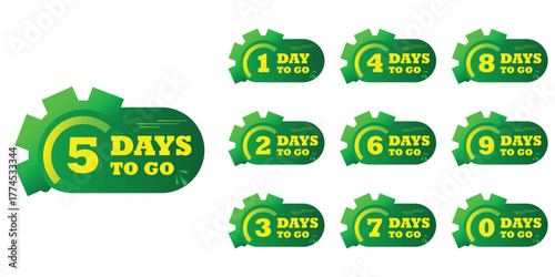 Countdown days to go banner. count time and days for sale banner, poster, lable, Nine, eight, seven six five four three two one zero days to go with green  color. Vector template 