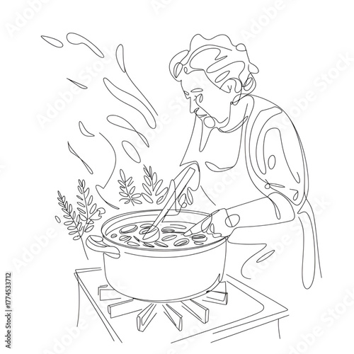 An elderly grandmother cooking lovingly in the kitchen, preparing a homemade meal. Symbol of family warmth, tradition, love, and generations sharing delicious food together.