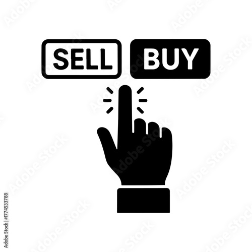 Hand choosing between Sell and Buy options, with a finger pointing to a button. Simple trade concept