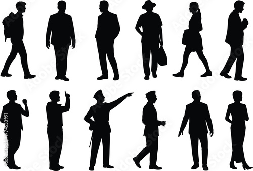 Business and lifestyle people silhouettes in casual and professional poses with fashion accessories, crowd diversity, teamwork, communication, urban illustration vector