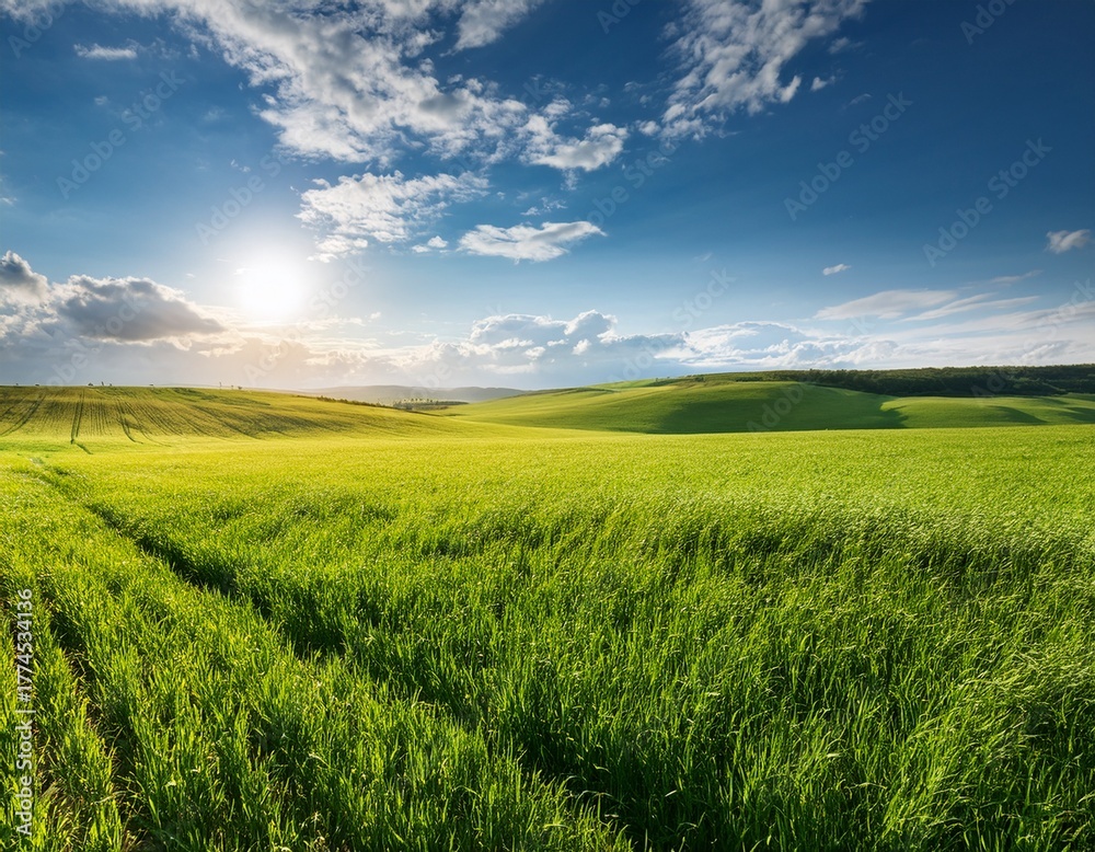 Obraz premium vibrant green field under a sunny sky with clouds and bright light behind horizon with fresh and clean growth in agriculture field showing tranquil scenery of rural countryside a lush meadow