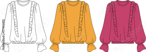 Cad drawing flat vector illustration, puff sleeve blouse sketch, fashion design template, ruffle neckline, garment construction, color variation layout