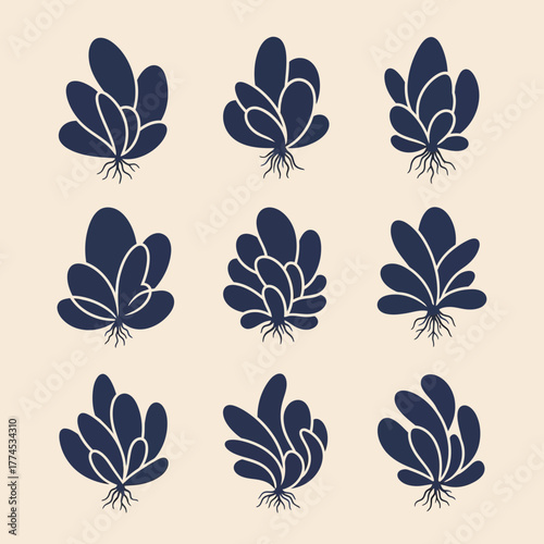 Minimalist Vector SVG Illustration of Nine Stylized Plant Sprouts with Curved Leaf Shapes in Dark Blue Geometric Flat Style for Botanical Design
