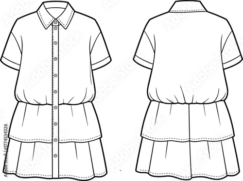 cad drawing flat vector illustration, shirt dress technical sketch front back view, fashion garment template, tiered skirt design outline