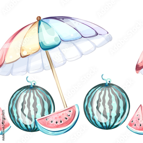 Vibrant summer vacation seamless pattern featuring beach umbrellas, juicy watermelons, and fruity delight as a background wallpaper arrangement