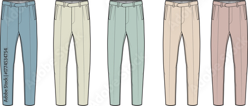 A versatile collection of flat lay tailored trousers for fashion design, featuring diverse pastel and neutral hues, perfect for apparel mockups and modern wardrobe styling projects