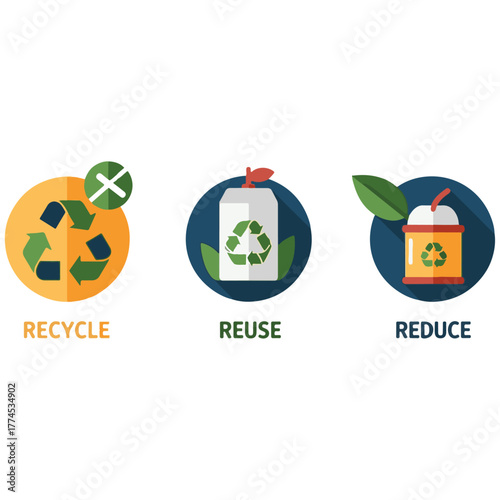 Flat Vector Icons Set for Recycling, Waste Management, and Environmental Protection: Reduce, Reuse, Recycle Symbols, Trash Cans, and Eco-Friendly Conservation Graphics.