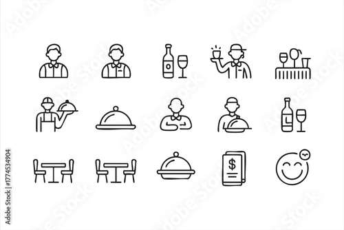 Restaurant and hospitality line art icon set for food service and dining design
