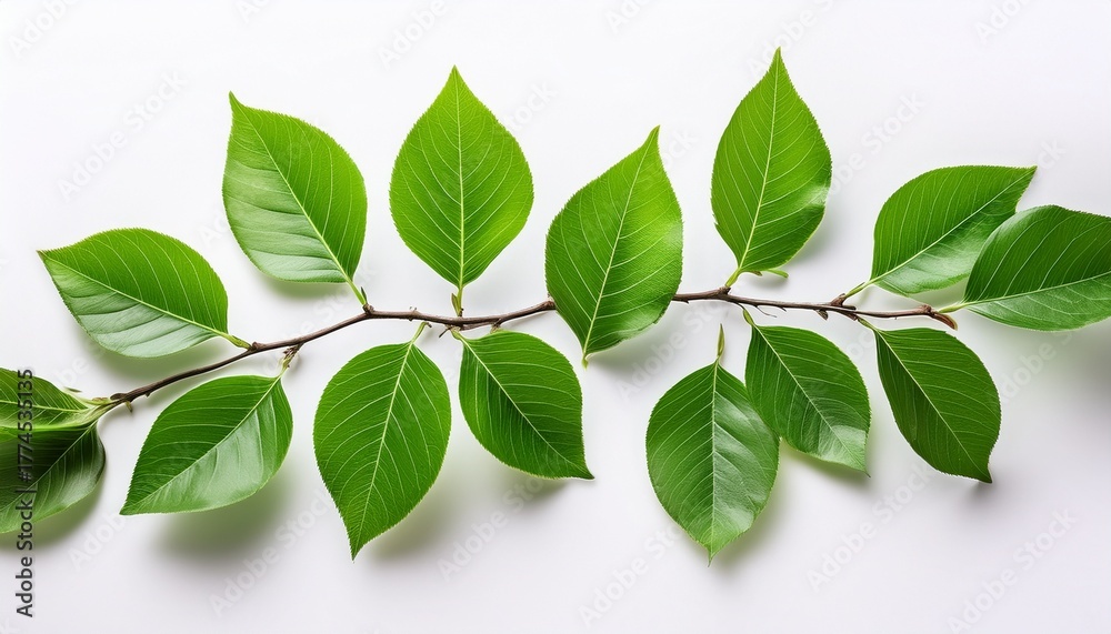 Fototapeta premium Fresh Green Leaves On A Branch Isolated On A White Background Perfect For Use In Designs Related To Nature And Growth