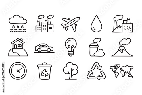 Black and white line art icons illustrating sustainability and global warming