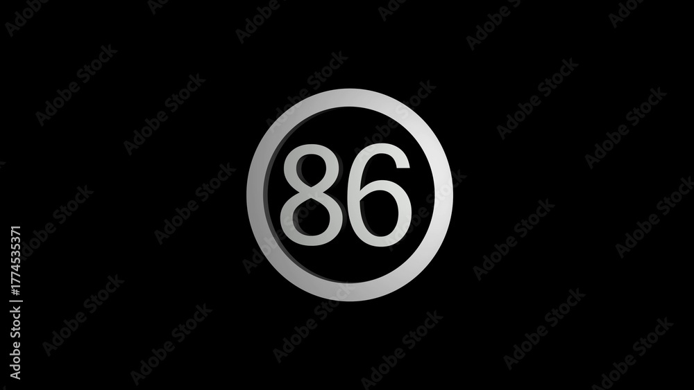 Naklejka premium Silver Number 86 Inside a Circle on a Black Background numeral digit