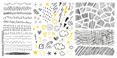 Collection of hand drawn scribble lines dots stars hearts clouds and abstract textures in black yellow and white