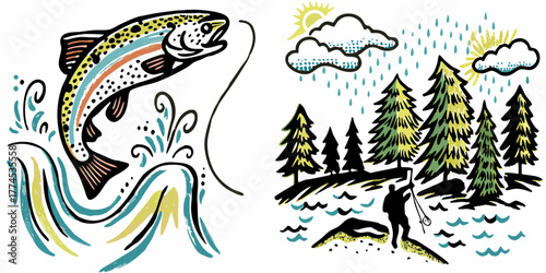 Stylized illustration of a jumping trout and a fly fisherman in a forest setting with rain and sun