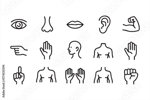 Minimalist black and white vector icons of human body parts and gestures