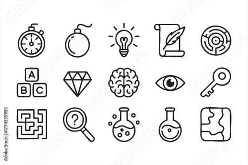 Black and white line illustration pack featuring keys, mazes, and lightbulbs for design use