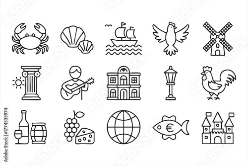 European travel and culture line art icons for tourism and design illustration