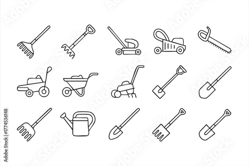 Modern outline illustration pack of garden and landscape tools for design use