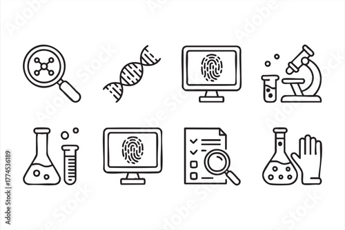 Forensic science and laboratory research line art icons for vector and tech design