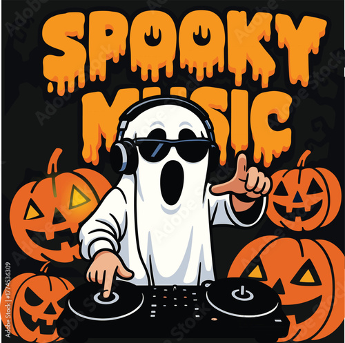 Spooky music cartoon halloween night party flyer with dj ghost and jack-o-lanterns vector template