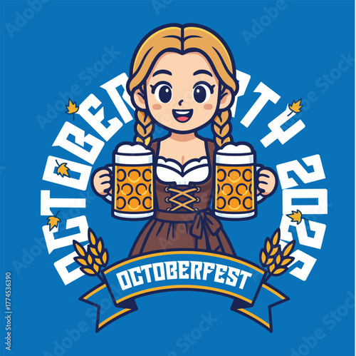 Oktoberfest party announcement woman in a dirndl holds two beer mugs vector illustration