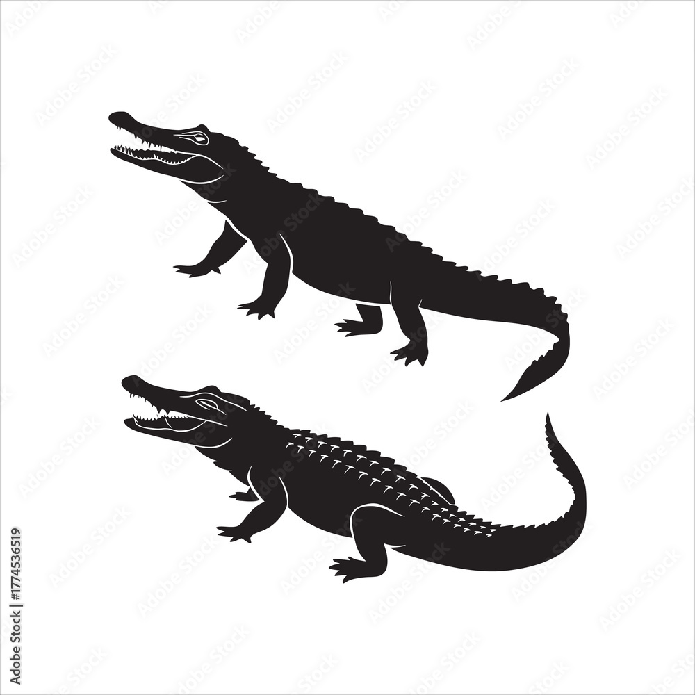 Fototapeta premium Two alligator crocodile silhouette illustrations dark reptile predators isolated on white