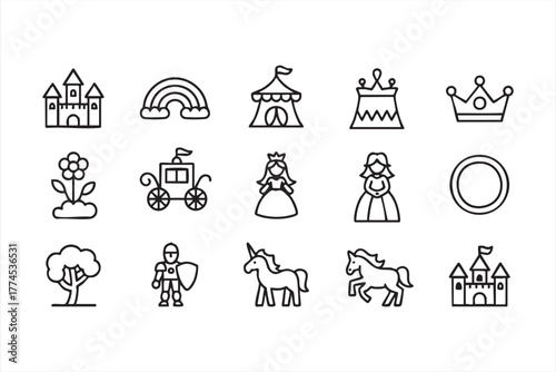 Minimal black and white vector icon set of unicorns, castles, and crowns