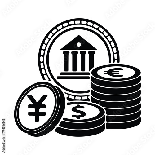 Money & Currency Collection: A stylized illustration of coins, representing financial concepts of value, exchange, and global currency, against a simple, uncluttered backdrop.