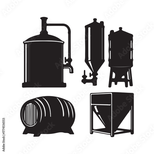 Brewery Equipment Silhouettes: An artistic collection of brewery equipment silhouettes, presenting essential elements of the brewing process, from fermentation tanks to barrels.