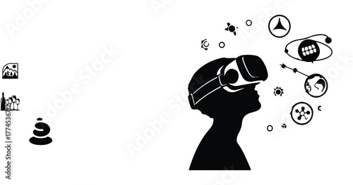 Immersive Reality: A silhouette of an individual immersed in a virtual reality experience, exploring abstract concepts floating above his head. A person delves into the digital realm