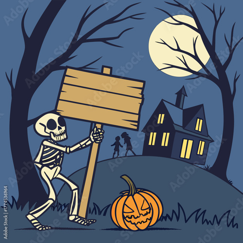 A spooky Halloween scene featuring a skeleton gripping a blank wooden sign with bony hands, emerging from the shadows under a dark blue night sky. A glowing jack-o’-lantern pumpkin.