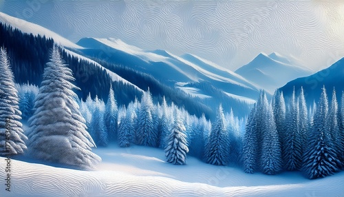 Abstract Winter Mountain Landscape Painting With Blue Pine Trees And Snow