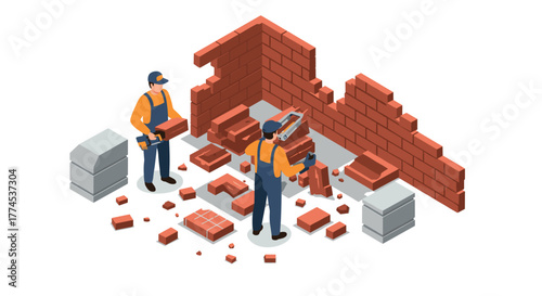 Isometric construction workers building a brick wall scene