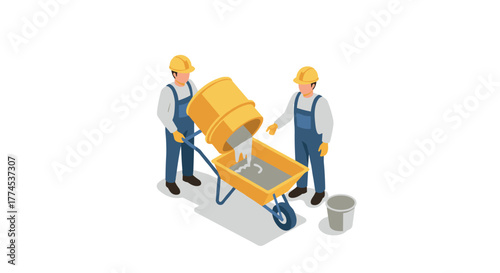 Construction workers pouring cement into wheelbarrow isometric illustration