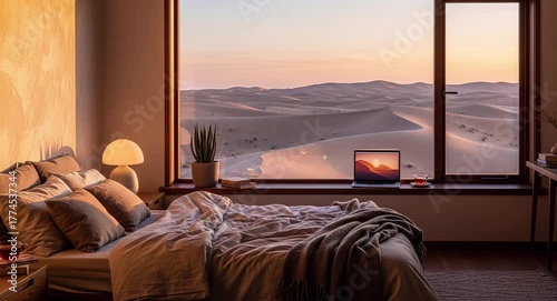 Bedroom interior with laptop on desk by window under bright desert sunny day light
Seamless looping, virtual video animation background. Generated AI	
