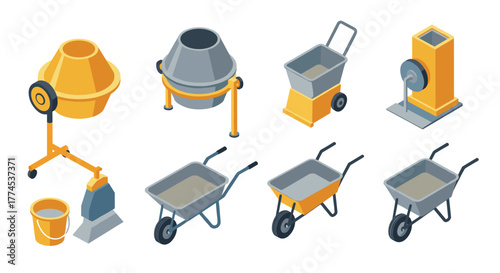 Isometric construction tools: cement mixer and wheelbarrows for building projects